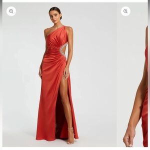 Mac Duggal One-Shoulder Coral Red Evening Gown with Crystal Side Cutout